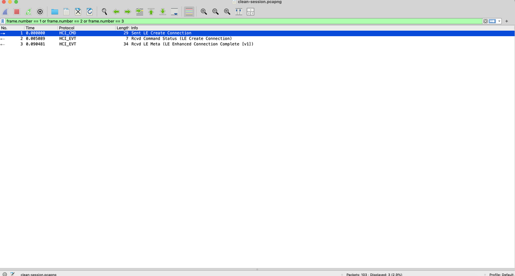 Wireshark showing HCI connection establishment frames