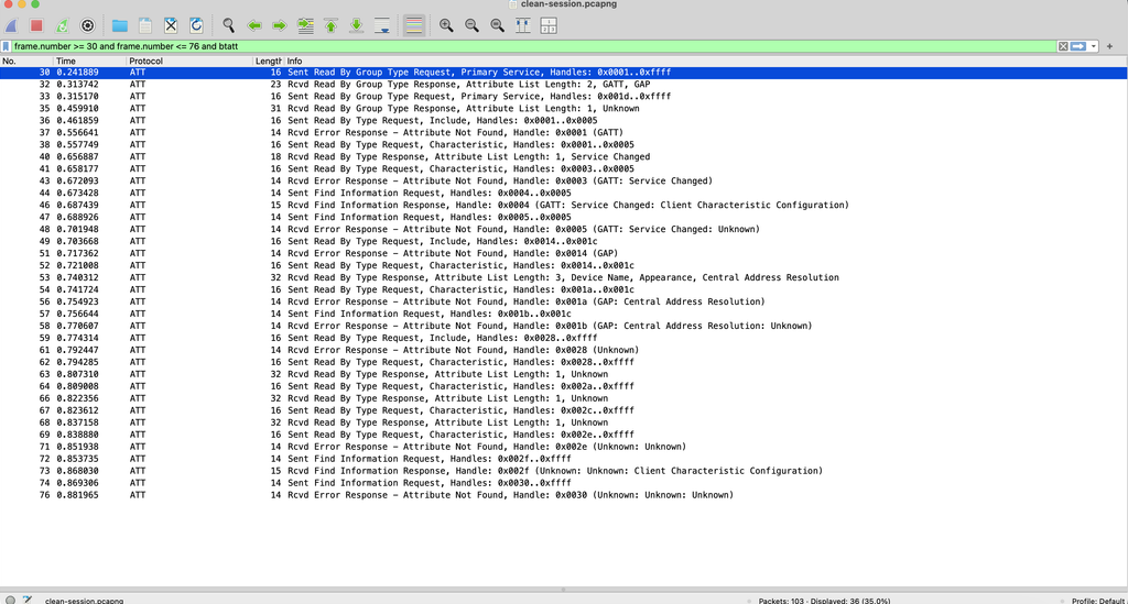 Wireshark showing ATT service, characteristic, and descriptor discovery