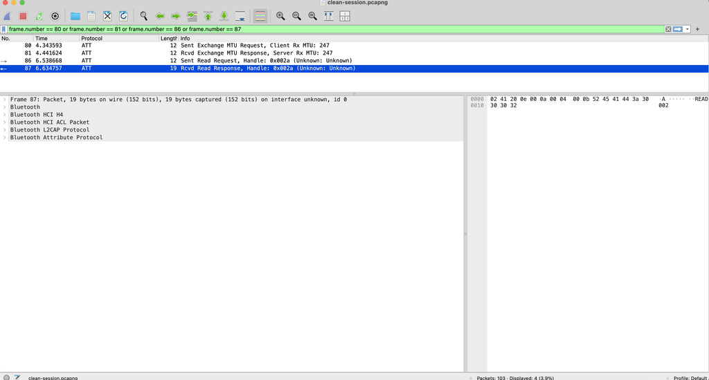 Wireshark showing MTU negotiation and the selected READ:0002 response