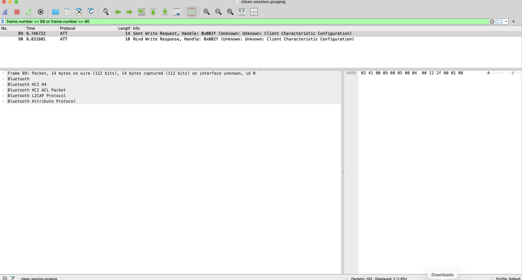 Wireshark showing the CCCD Write Request and Write Response