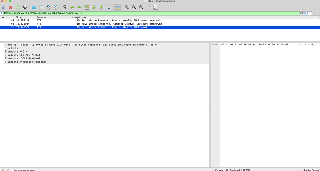 Wireshark comparing ATT Write Request and Response with a Write Command