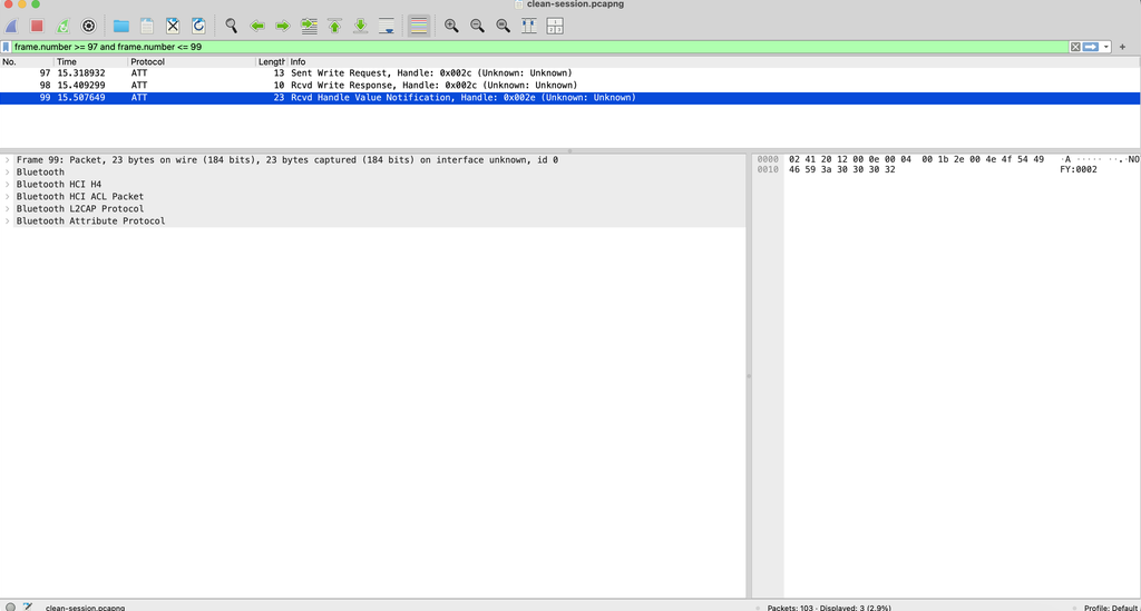 Wireshark showing a trigger write followed by NOTIFY:0002