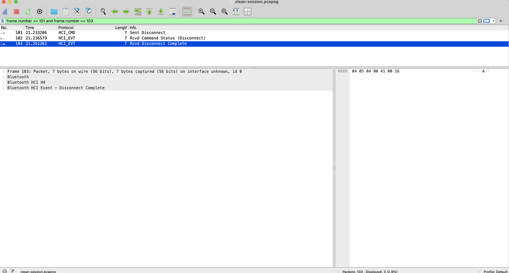 Wireshark showing HCI Disconnect and Disconnect Complete